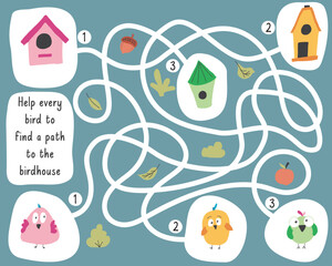Labyrinth, Maze game for children. Logical puzzle for kids. Quest to find the right path for a bird to the birdhouse. Vector illustration