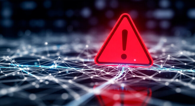 Red danger sign over digital network