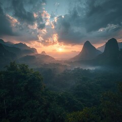 A breathtaking sunrise over misty tropical mountains, golden sunlight shining through clouds and illuminating the lush green valley below. Perfect for nature, travel, adventure, and landscape concepts