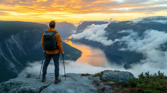 A hiker gazes over a fjord at dawn, clouds nestle amidst steep mountains, golden sky above