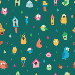 Cute birds and their birdhouses seamless pattern. Cute Cartoon birds background. Vector Illustration.