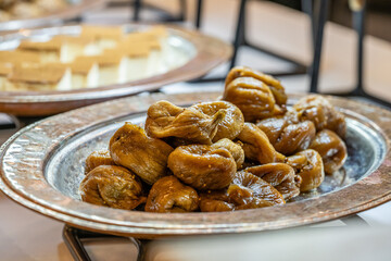 Karisik Turk tatlilari. New dessert varieties at the  luxury hotel open buffet. Milk-based desserts,  Turkish Dessert Sobiyet, havuc dilimi, midye baklava, mussels baklava and classic baklava. 