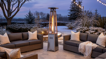 Modern outdoor patio with wicker furniture, fire heater, and string lights during winter twilight, surrounded by snow-covered bushes, trees, and frosty garden landscape