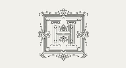 Ornamental letter H design featuring intricate line work with decorative flourishes and elegant