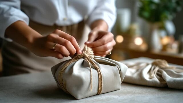 Defocused hands tying jute strings around reusable fabric gift wraps, minimalist aesthetic, with copy space.