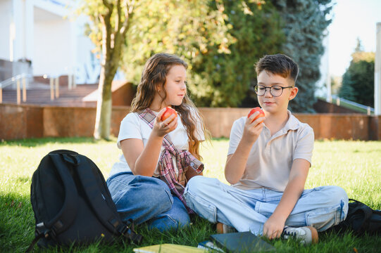 Schoolchildren eating apples on grass during break