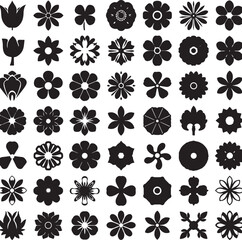 Black and White Flower Silhouette Set,
Floral Vector Icons Collection,
Decorative Blossom Pattern Design
