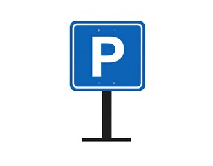 A blue square parking sign with a large white "P" on a black metal pole