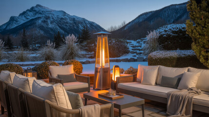 Elegant outdoor patio with cushioned seating, fire heater, and lantern lighting, set in a landscaped winter garden with snow-covered mountains at twilight in the background