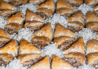 Karisik Turk tatlilari. New dessert varieties at the  luxury hotel open buffet. Milk-based desserts,  Turkish Dessert Sobiyet, havuc dilimi, midye baklava, mussels baklava and classic baklava. 