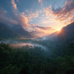 A breathtaking sunrise over misty tropical mountains, golden sunlight shining through clouds and illuminating the lush green valley below. Perfect for nature, travel, adventure, and landscape concepts