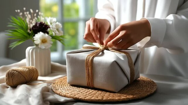 Defocused hands tying jute strings around reusable fabric gift wraps, minimalist aesthetic, with copy space.