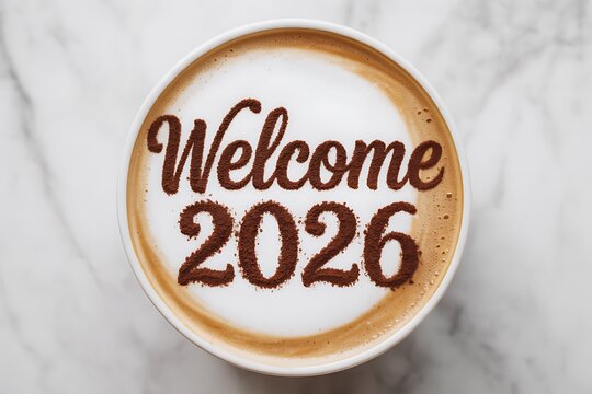 Coffee art greeting for the year 2026 on a cappuccino surface