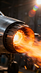 Close-up of jet engine exhaust showcasing bright flames and sparks, creating a dramatic effect. Great for industrial and aviation visuals.