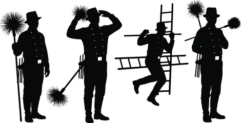 Chimney sweep silhouette, vintage worker, cleaning tool, historical job, cad drawing flat vector illustration set