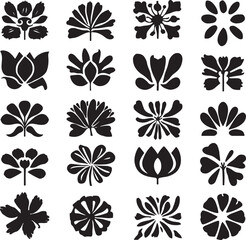 Black and White Flower Silhouette Set,
Floral Vector Icons Collection,
Decorative Blossom Pattern Design