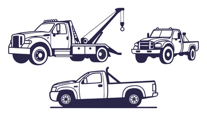 Naklejka premium Vector Illustration of Pickup Truck, Tow Truck, and Trailer Truck Silhouettes on White Background