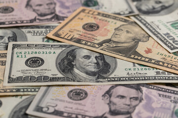 Close Up Full Frame Scattered United States Dollar Banknotes