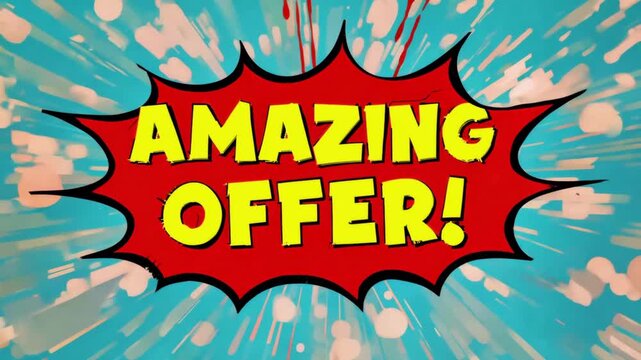 Amazing Offer Comic Text Animation on Blue Burst Background. Pop Art Sales Promo Motion Graphics for Ads and Marketing.
