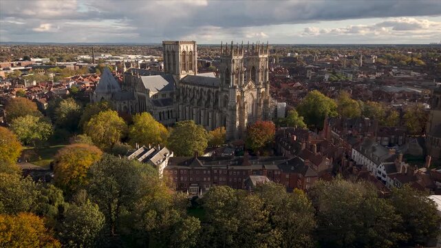 Aerial view of a York cityscape skyline in the UK
