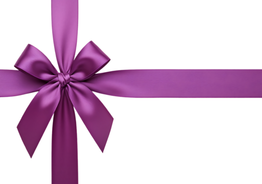 A vibrant purple satin ribbon bow against a stark completely black background.