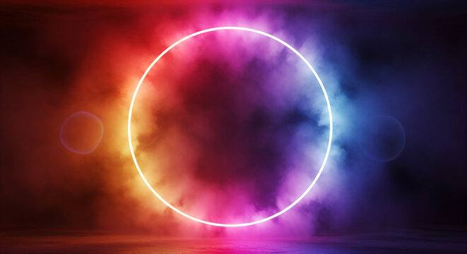 Neon Ring with Colorful Smoke and Lens Flare on Dark Background