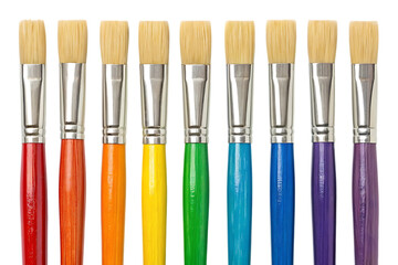 Fototapeta premium Rainbow paintbrushes set on white clean background, art supplies