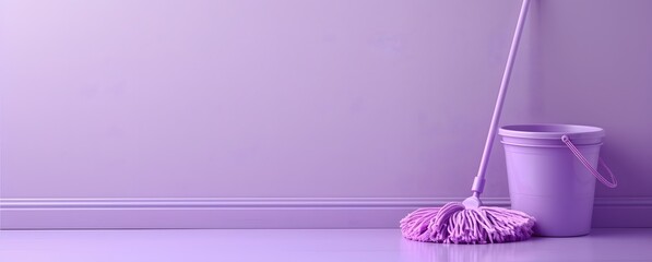 A bright purple mop stands beside a matching bucket on a smooth floor. The lilac wall adds warmth to the clean, organized area, creating a cheerful atmosphere for cleaning tasks