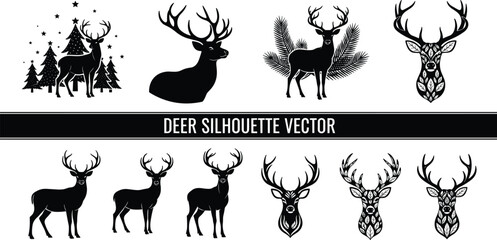 Deer silhouette vector set, antler icon, forest animal, decorative head, cad drawing flat illustration