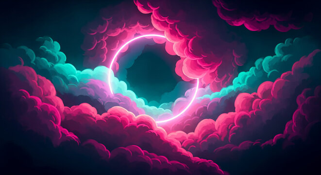 Neon Ring Illuminates Pink and Teal Clouds in Dark Sky