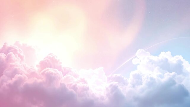 Pink soft fluffy clouds in the sky with bright highlights, sparkles, light. Dreamy and fairytale atmosphere, cartoon illustration style. Cloud texture, imagination, dream, fantasy