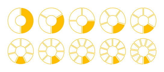 Wheel round yellow divided diagrams with two, three, four, five, six, seven, eight, nine, ten, eleven segments. Circle division on 2, 3, 4, 5, 6, 7, 8, 9, 10, 11 equal parts. Coaching yellow blank. In