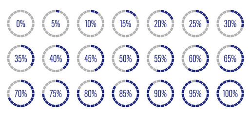 Dark blue progress bars. Template of blue and gray color fill pie charts indicator. Circle diagrams icons for infographics from 0 to 100 percent. Round graph loading progress set. Round percentage.