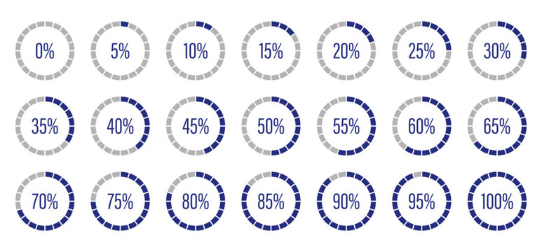 Dark blue progress bars. Template of blue and gray color fill pie charts indicator. Circle diagrams icons for infographics from 0 to 100 percent. Round graph loading progress set. Round percentage.