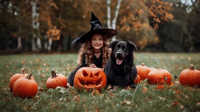 A Halloweenthemed photograph featuring a young girl and a black dog in a pumpkin patch. The girl is wearing a witchs hat and a Halloween costume.