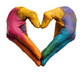 Creative hands forming colorful heart artistic bright isolated on transparent background