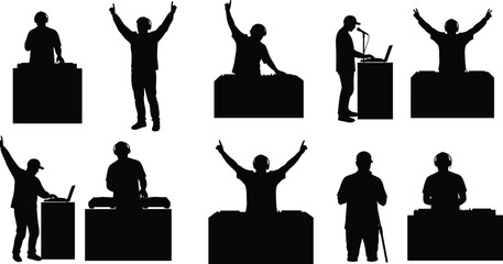 DJ silhouette, music performance, party icon, entertainment figure, booth setup, cad drawing flat vector illustration