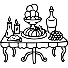 Still life drawing of a table with food and drinks