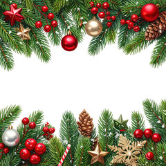 Christmas Branches Border with Christmas Decorations on Transparent Background.