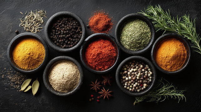 A culinary assortment of various spices and herbs artfully arranged in small, dark bowls. A vibrant display of aromatic flavors for the discerning epicure