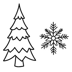 Simple line art christmas tree and snowflake icons