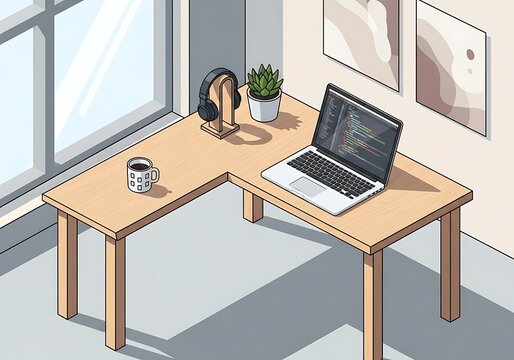Isometric home office setup showcasing a minimalist workspace design concept