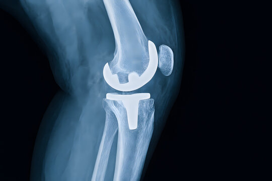 X-ray of Knee Joint with Total Knee Replacement Implant (side view)