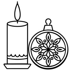 Christmas candle and snowflake ornament line art
