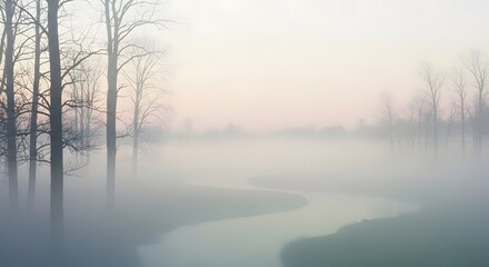 Ethereal morning mist envelops a winding river, creating a serene and mysterious pastel-colored landscape