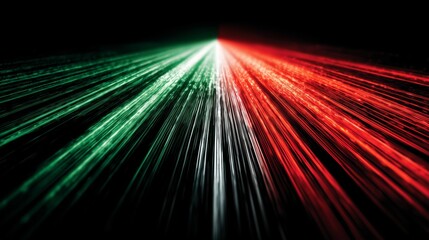 Dynamic burst of green, white, and red glowing light trails speeding into dark distance, creating futuristic motion and energy effect
