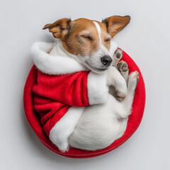 a photorealistic fold dog in Santa costume, curled up sleeping peacefully, folded ears visible, isolated white background, overhead top-down view, macro photography, extreme detail