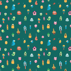 Cute birds and their birdhouses seamless pattern. Cute Cartoon birds background. Vector Illustration