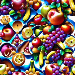 Vibrant fruit arrangement showcasing a variety of apples, grapes, bananas, and citrus in a colorful design