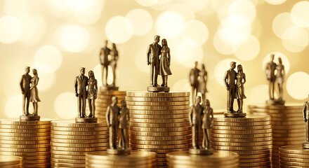 Miniature figurines of couples stand atop stacks of gold coins, symbolizing love, partnership, and financial stability in a bright, bokehlit setting